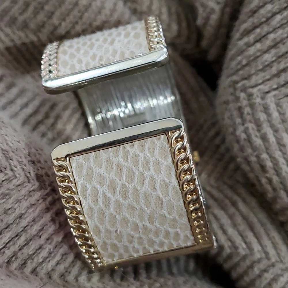 STUDIO TIME QUARTZ WATCH ANIMAL PRINT WIDE CUFF HINGE CREAM GOLD TONE